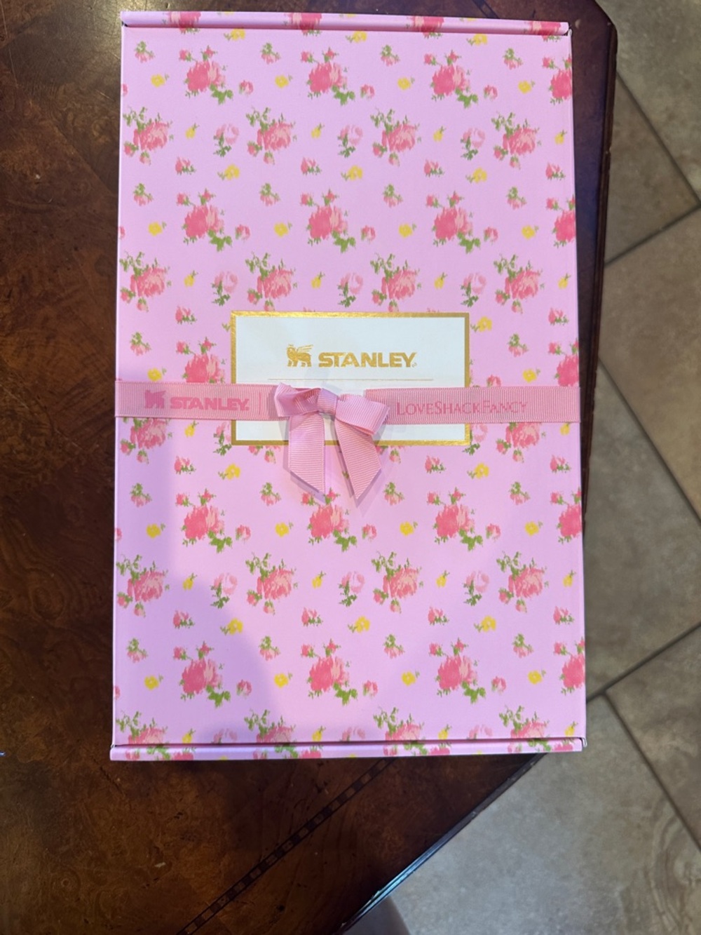 NWT Stanley Pink Floral Ribbon Gift Box with Gold Logo